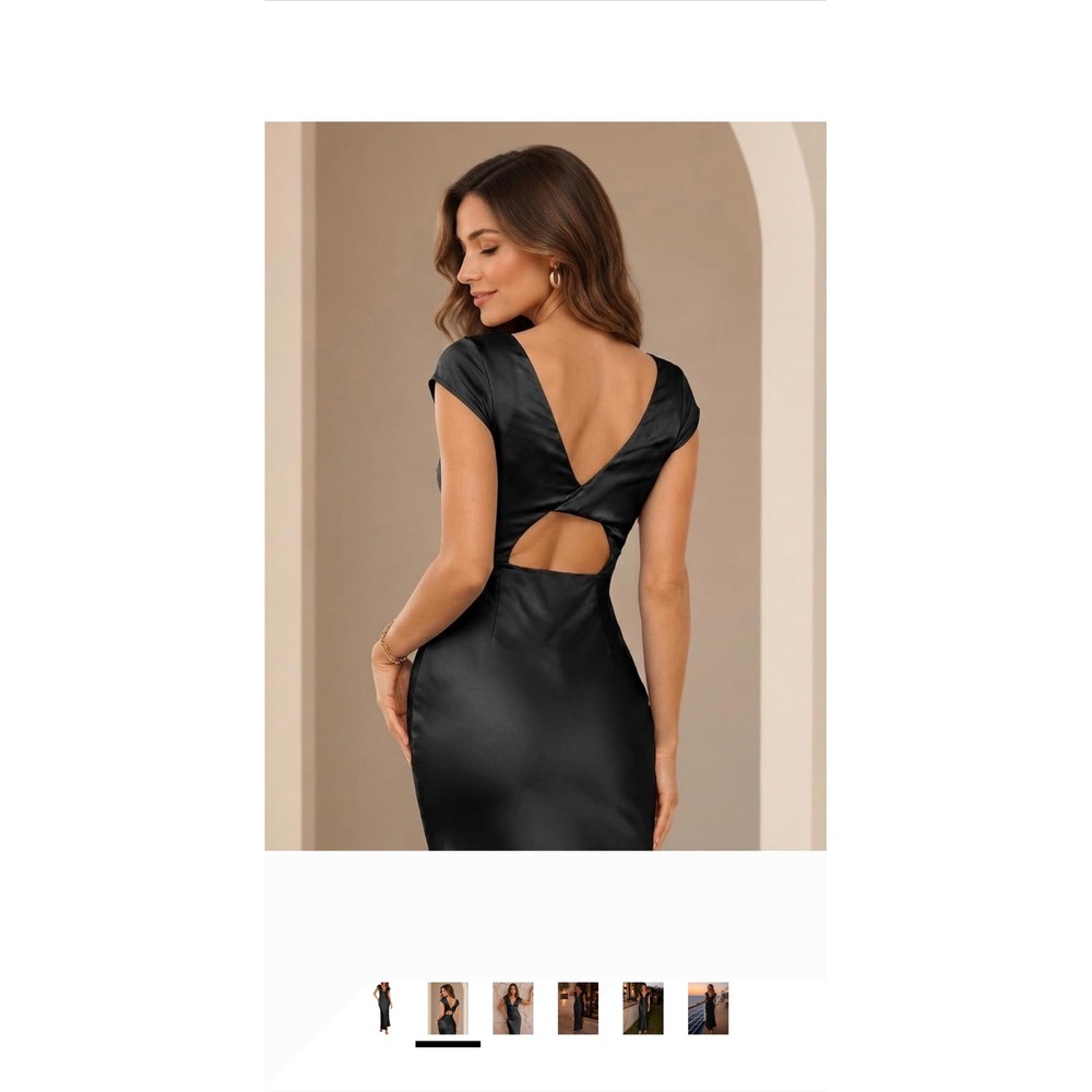 Halfisland Black Satin V-Neck Maxi Dress Twist Back Cutout Formal Gown L